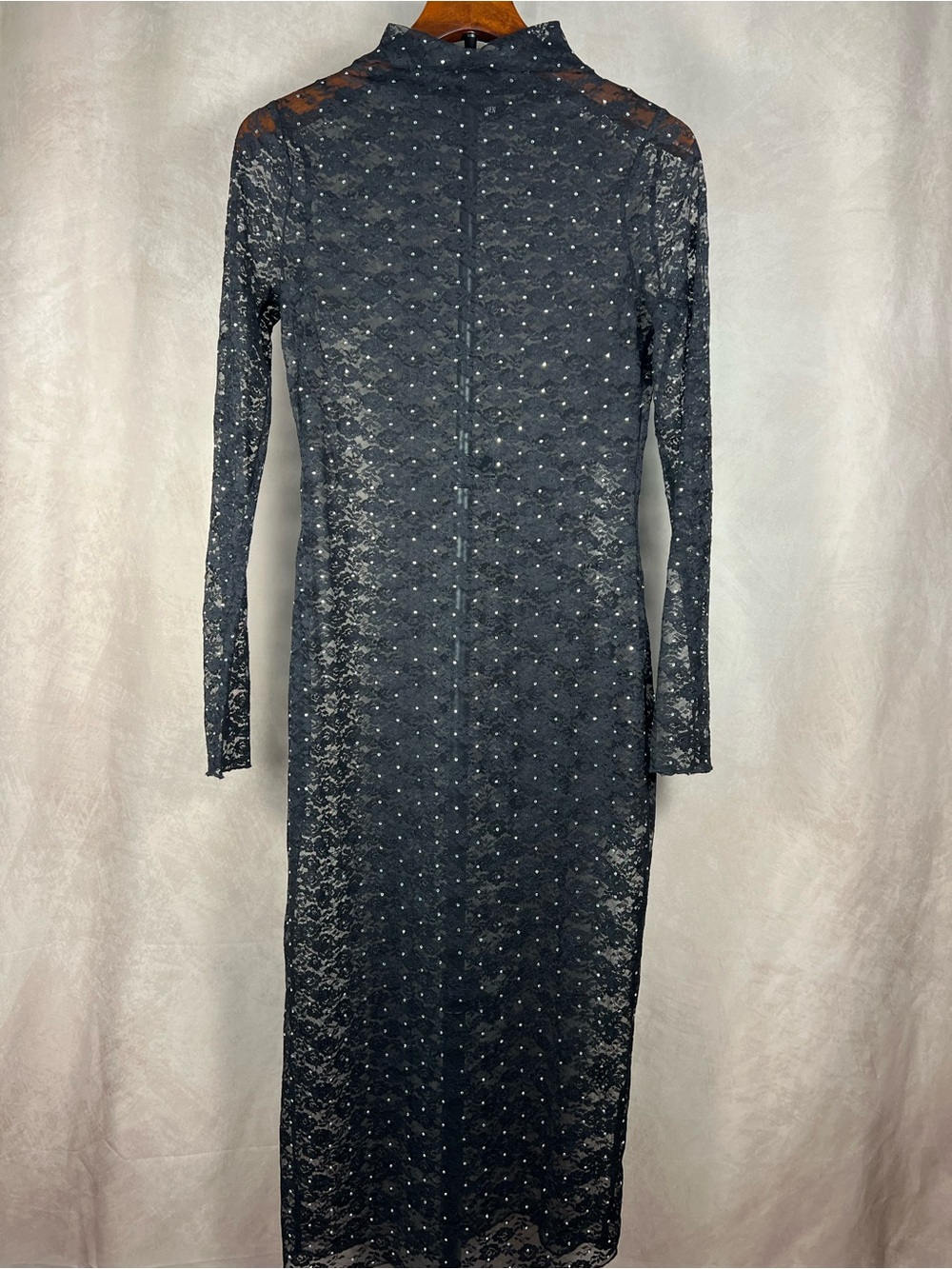 Steve Madden Black Rhinestone Lace Midi Dress Sheer Long Sleeve Size S